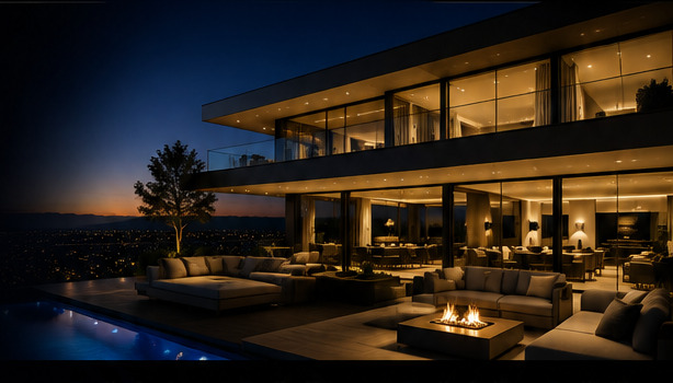 Luxury smart home at night with integrated lighting